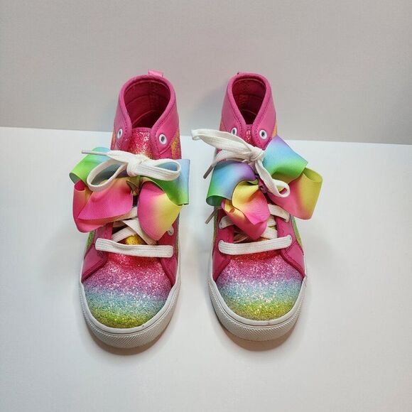 JoJo Siwa Girl's Rainbow Glitter Sneakers | Size 4 | Pink Bow, Laces, High Top - Picture 2 of 7